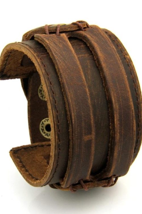 BAMOER Leather Cuff Double Wide Bracelet Rope Bangles Brown Unisex Jewelry PI0296