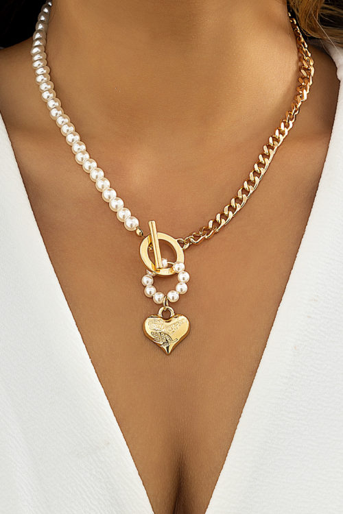 Retro imitation pearl OT buckle stitching personalized clavicle necklace simple geometric love asymmetric metal necklace
