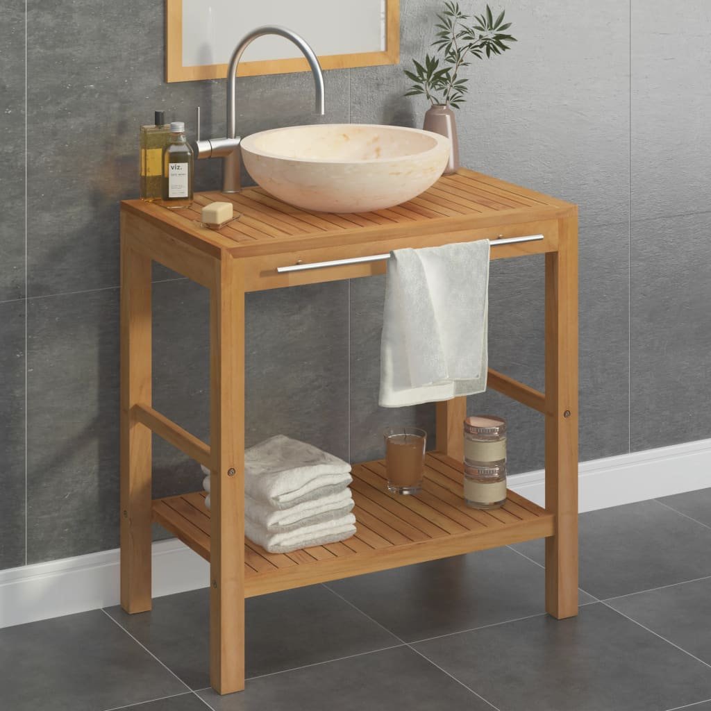 vidaXL Armoire de toilette en teck solide avec lavabo en marbre Crème