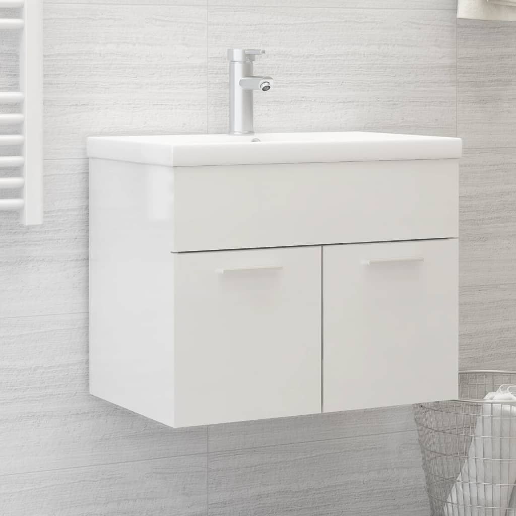 vidaXL Armoire d’évier avec lavabo intégré Blanc brillant Aggloméré