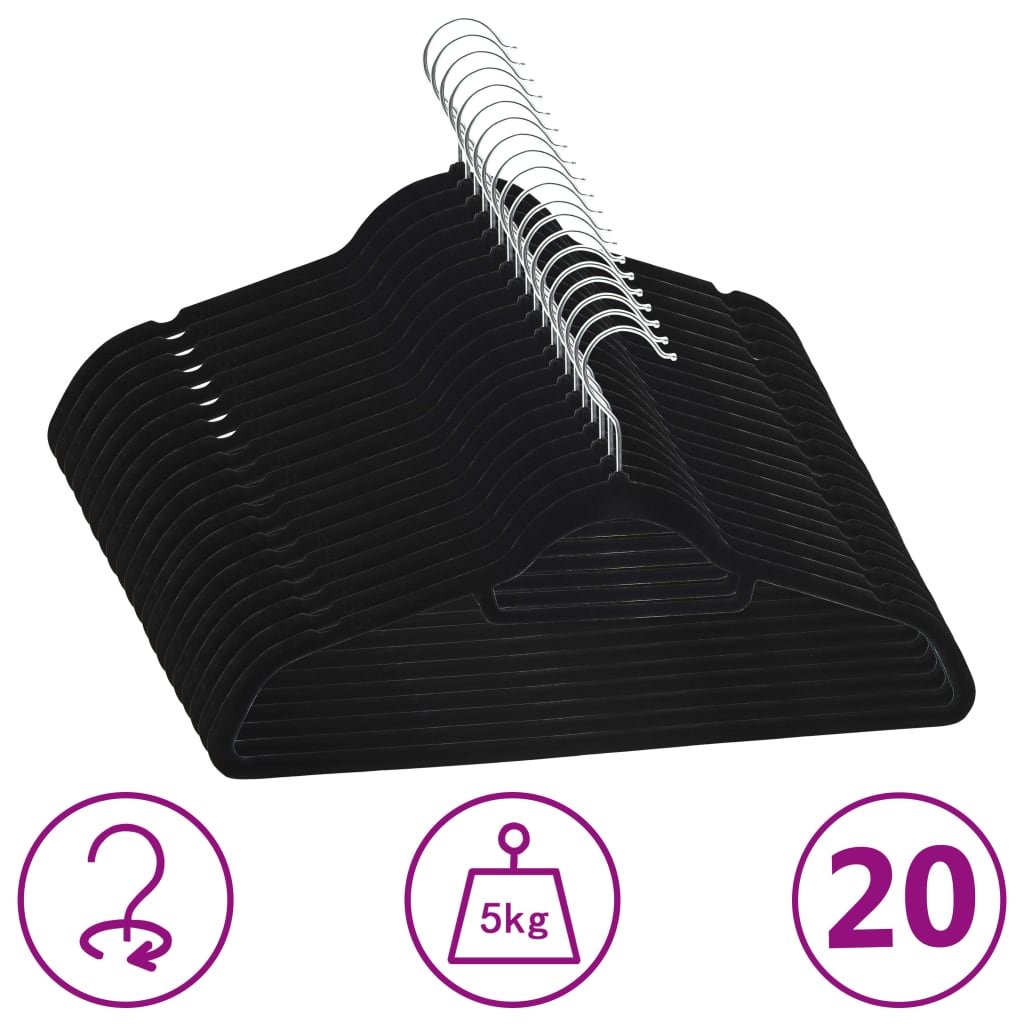 vidaXL Cintres antidérapants 20 pcs Noir Velours