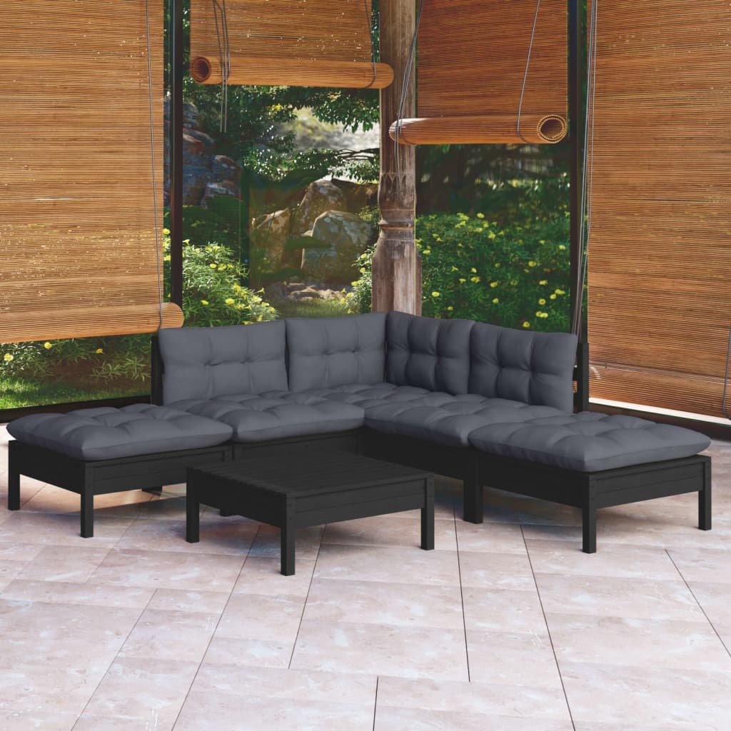 vidaXL Salon de jardin 6 pcs avec coussins Noir Bois de pin