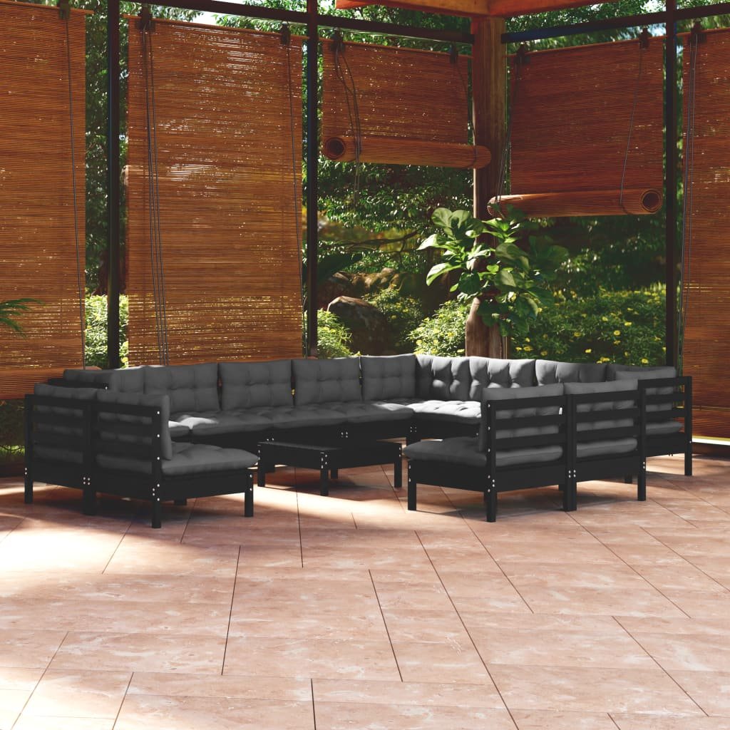 vidaXL Salon de jardin 13 pcs avec coussins Noir Bois de pin solide