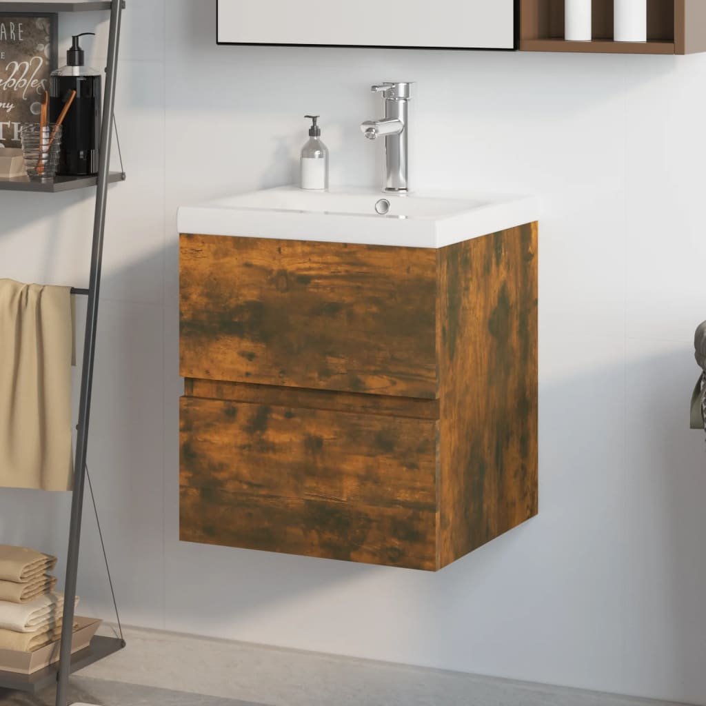 vidaXL Meuble lavabo avec bassin intégré Chêne fumé Bois d’ingénierie