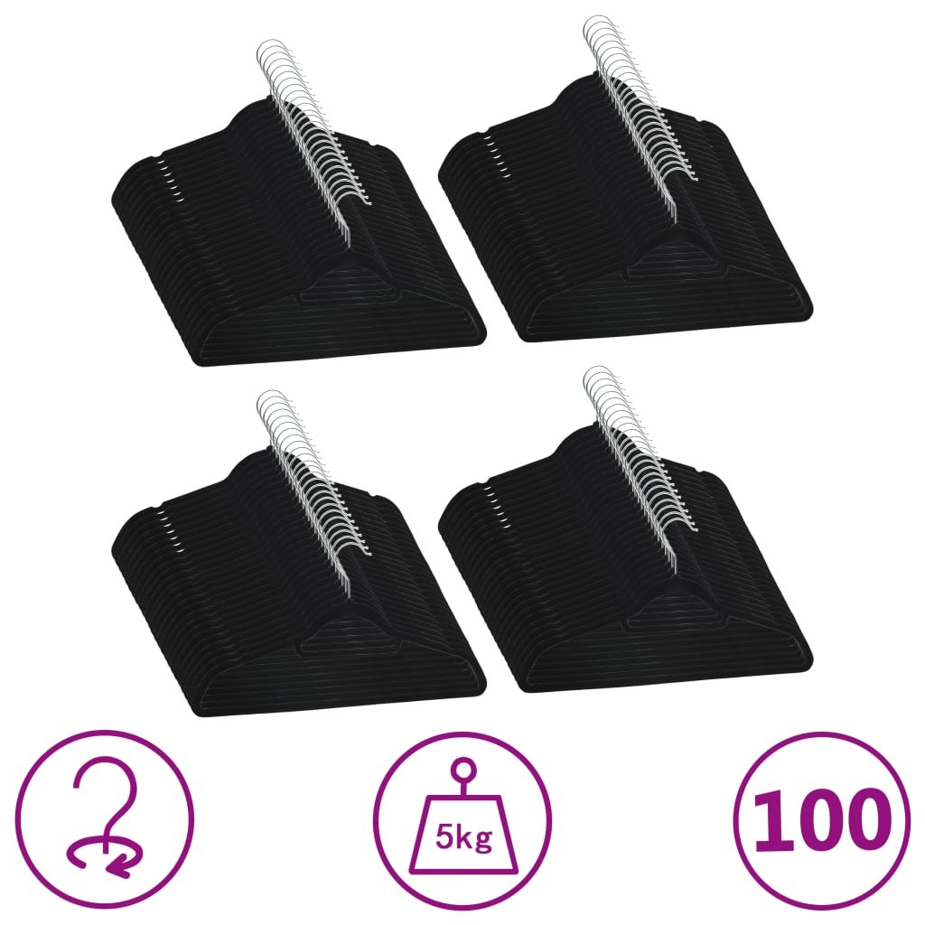 vidaXL Cintres antidérapants 100 pcs Noir Velours