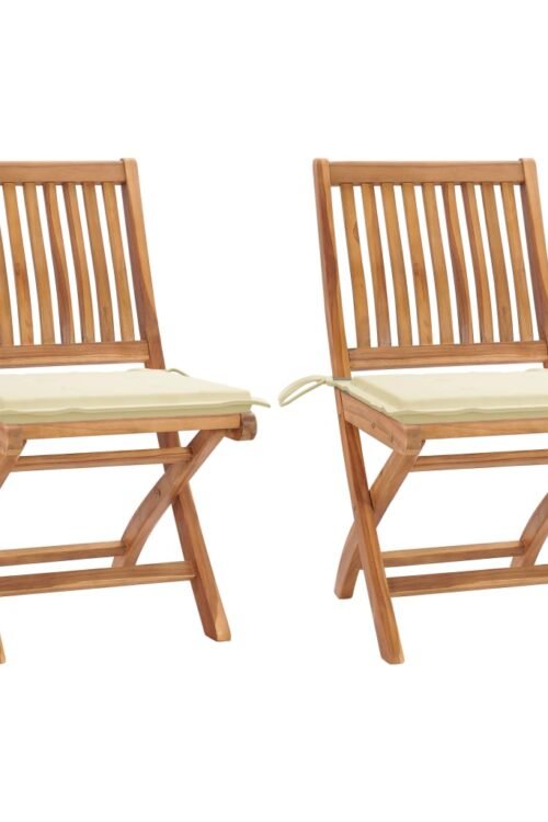 vidaXL Chaises de jardin lot de 2 et coussins crème Bois teck massif