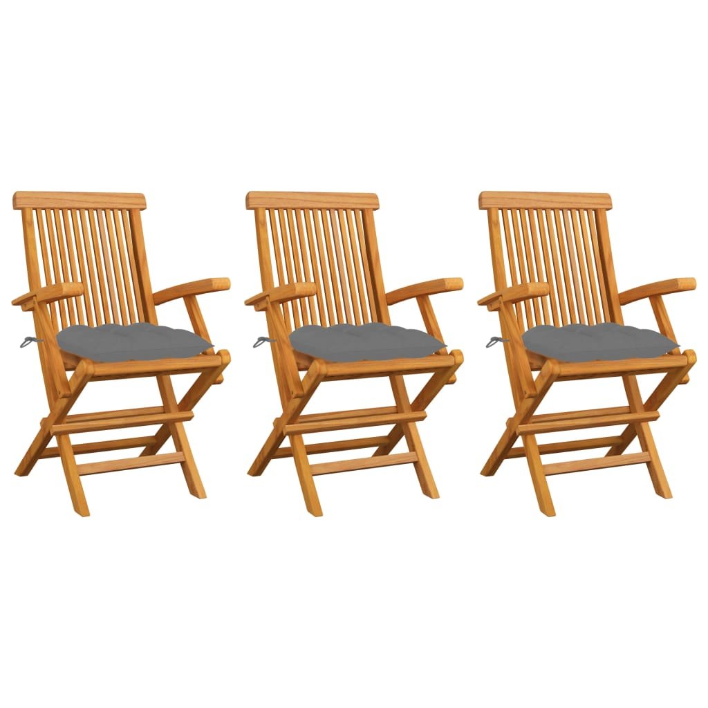 vidaXL Chaises de jardin avec coussins gris lot de 3 Bois teck massif