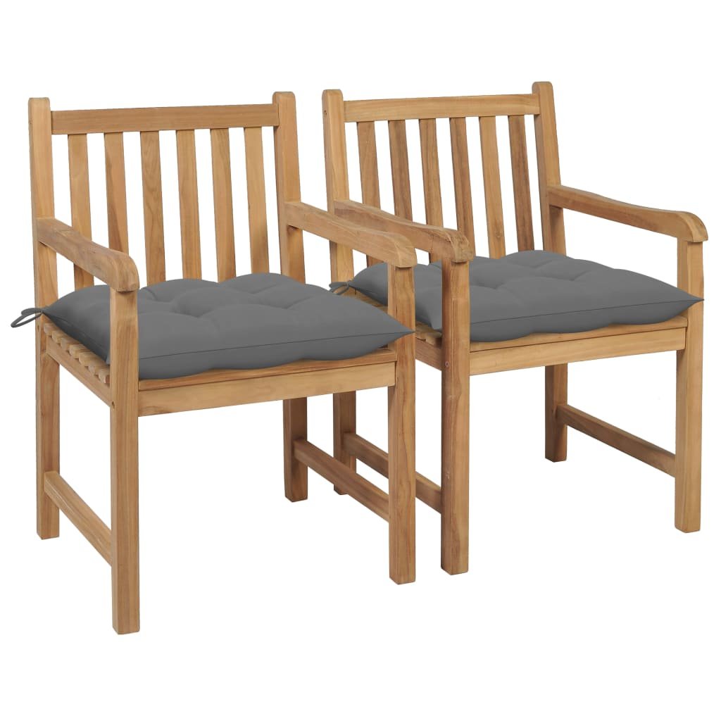 vidaXL Chaises de jardin lot de 2 et coussins gris Bois de teck massif