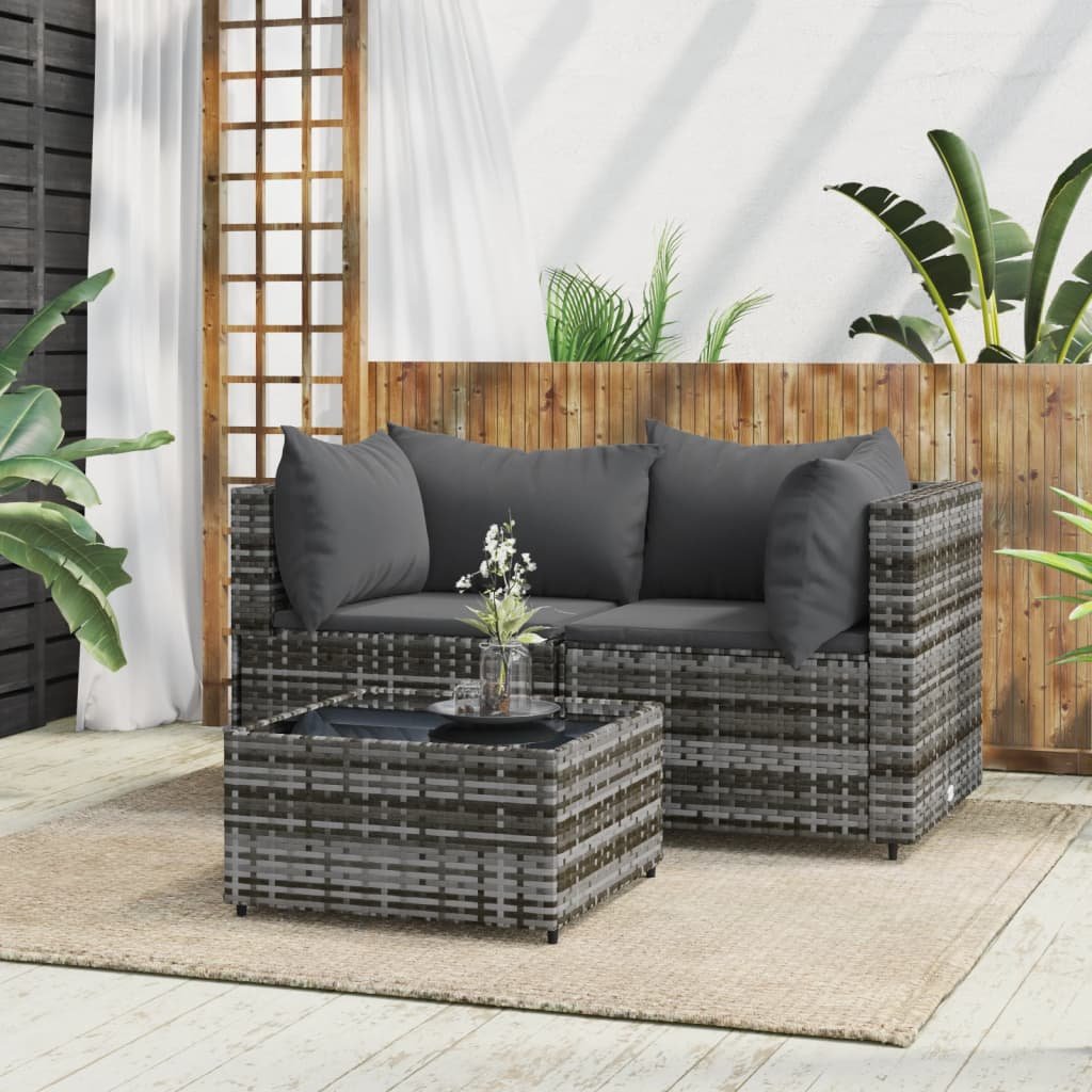 vidaXL Salon de jardin 3 pcs avec coussins Gris Résine tressée