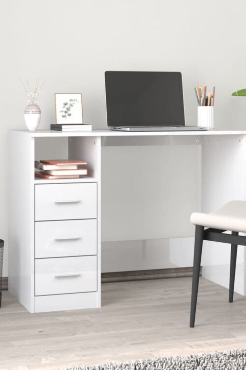 vidaXL Bureau et tiroirs Blanc brillant 102x50x76 cm Bois d’ingénierie