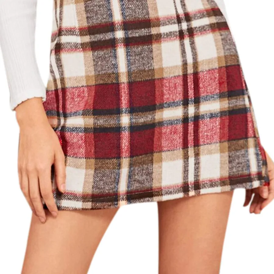 High-waisted Plaid Skirt Tight Pencil Wool Mini Skirt