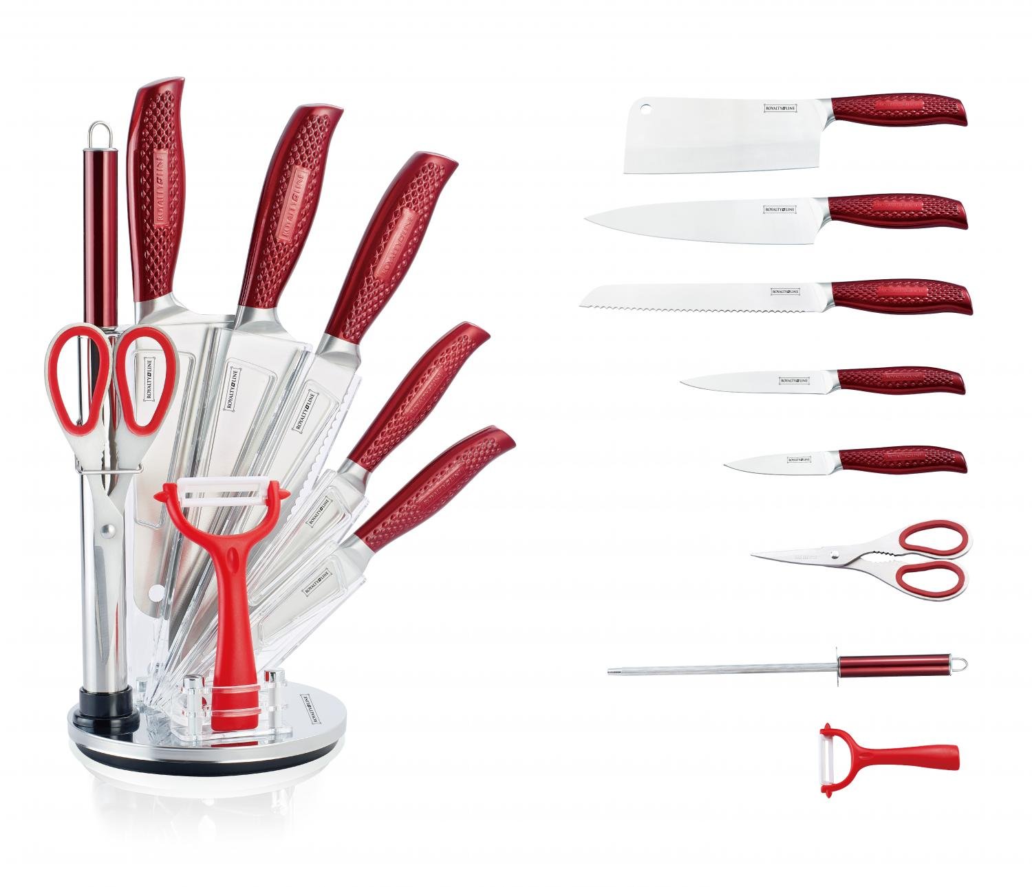 Royalty Line RL-KSS530: 9 Piece Knife Set Block with Rotating Holder – Red