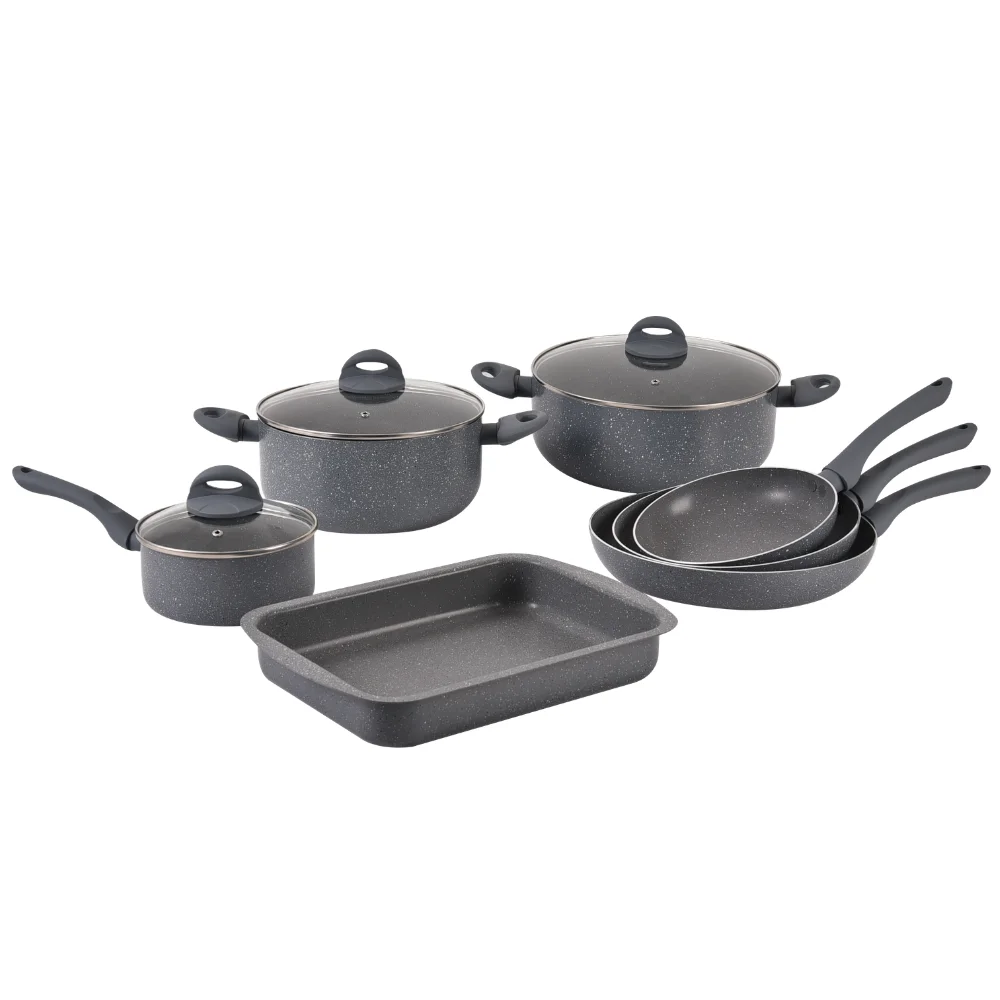 Herzberg HG-9016: 10-Piece Marble Coated Cookware Set with Roaster Pan (Gray)