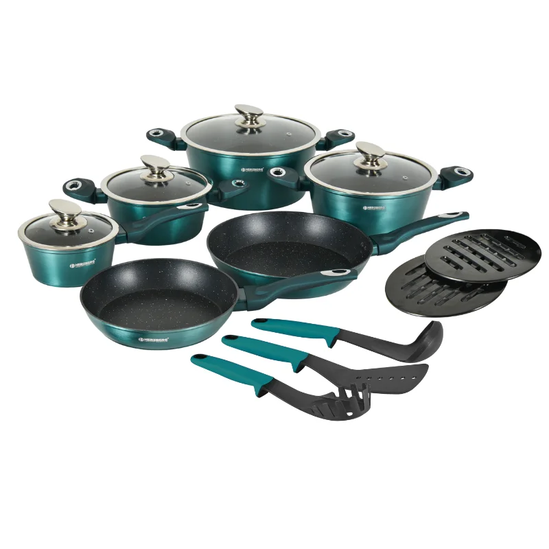 Herzberg HG-METBL15: 15 Pieces Marble Coated Cookware Set – Blue