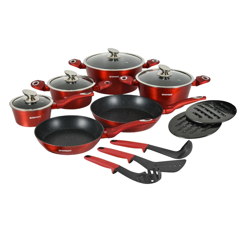 Herzberg HG-METRD15: 15 Pieces Marble Coated Cookware Set – Red